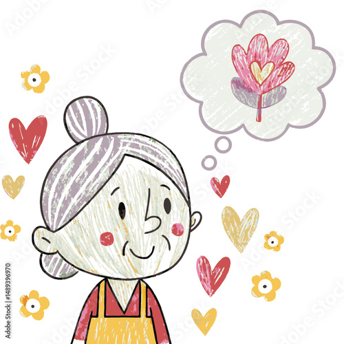 A smiling grandmother thinking about love with a heart in a thought bubble, representing memory, affection, and family emotions
