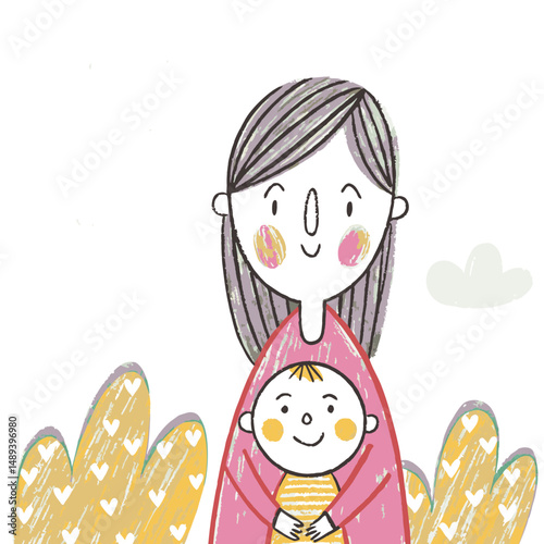 A mother holding a baby with a soft smile, surrounded by natural background, symbolizing maternal love, care, and family connection
