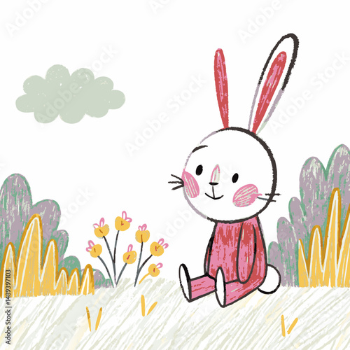 Cute cartoon rabbit sitting in a grassy field with colorful trees and clouds, representing joy and innocence in a whimsical nature setting.