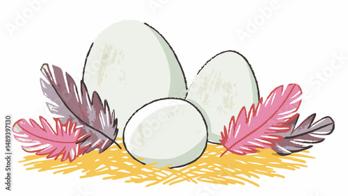A collection of colorful eggs nestled among vibrant feathers on a bed of straw, representing new beginnings and the essence of Easter or springtime celebrations, in a playful and artistic style.