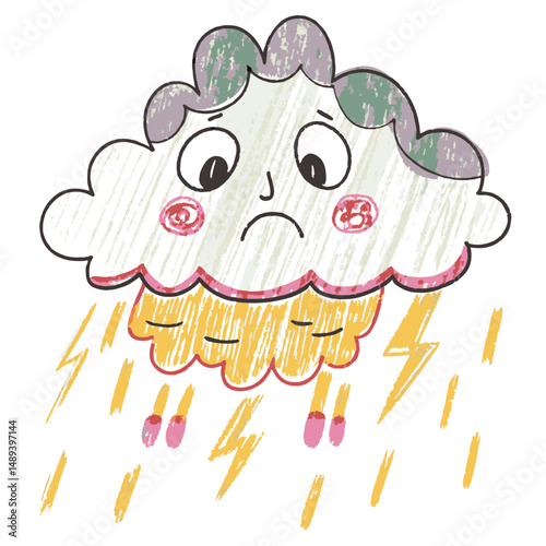 A sad gray cloud with lightning and rain, symbolizing stormy weather, emotions like sadness, and expressive sky moods
