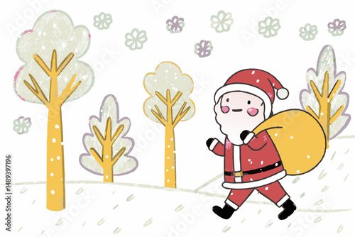 Cheerful Santa Claus walking in a snowy landscape with colorful trees, spreading holiday joy and representing the spirit of Christmas.