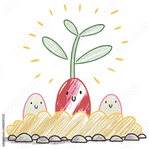Happy cartoon vegetables growing in the soil with a cheerful expression, surrounded by rocks and glowing rays, symbolizing growth and nourishment.