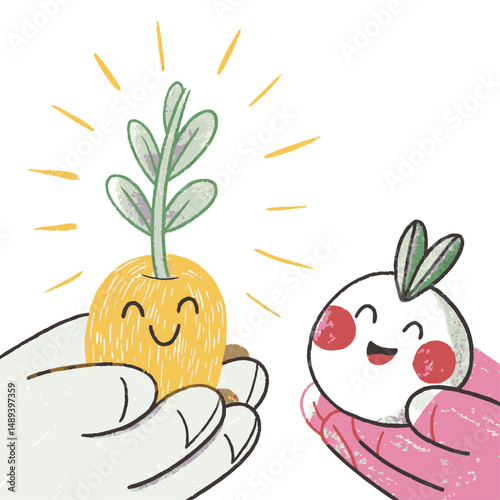 Two smiling vegetables, a sprout and root, lying together under sunlight, representing friendship, nature, and garden harvest

