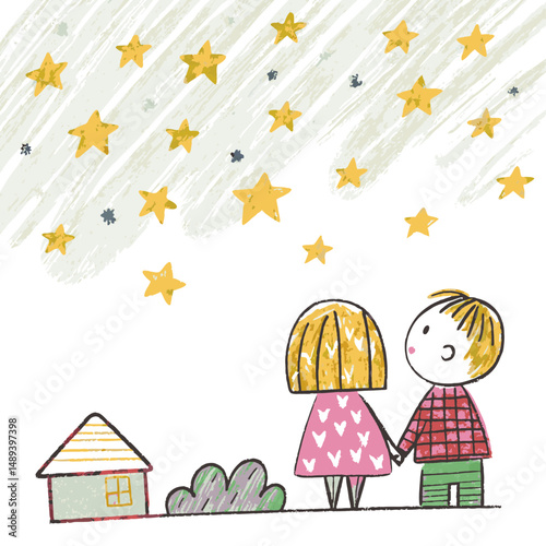 Two children gazing at twinkling stars while holding hands beside a cozy house, representing childhood wonder and dreams.