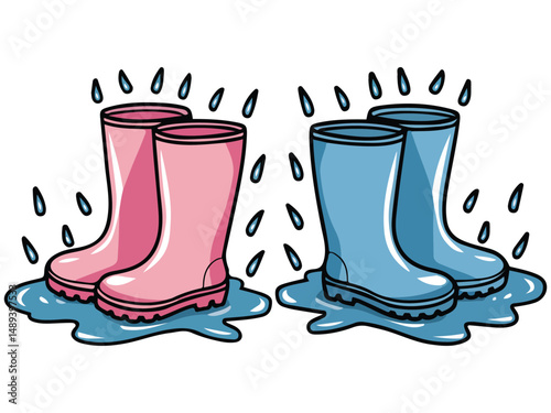Pink and blue rubber rain boots pair