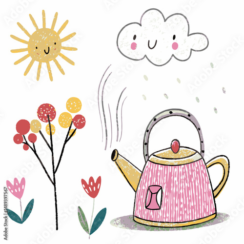 Charming cartoon kettle watering flowers under a smiling sun and cloud, representing growth, warmth, and nurturing nature.