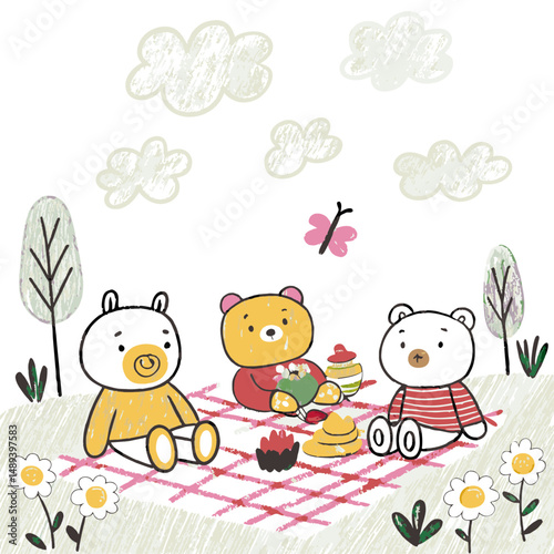 Three adorable cartoon bears enjoy a cheerful picnic on a sunny day surrounded by clouds, flowers, and playful nature elements, representing friendship and joy.