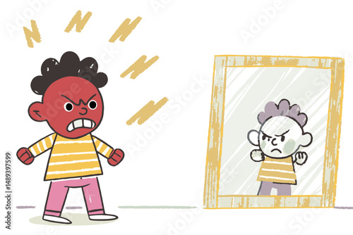 Angry child expressing frustration while facing a mirror in a colorful illustrated scene representing self-reflection and emotions.
