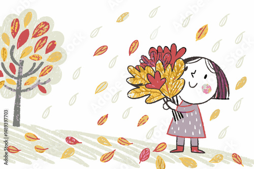 A girl holding a bouquet of autumn leaves while standing in falling foliage, representing seasonal beauty, childhood joy, and outdoor moments
