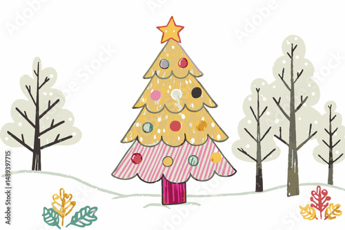 Whimsical Christmas tree adorned with colorful ornaments in a snowy landscape surrounded by stylized trees, representing holiday cheer and festive spirit.