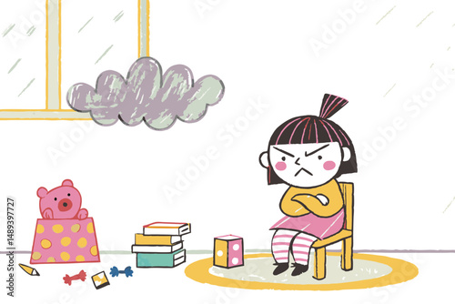 Frowning girl sits on chair with crossed arms in a colorful room, surrounded by toys and a cloud, representing childhood emotions and playtime challenges.