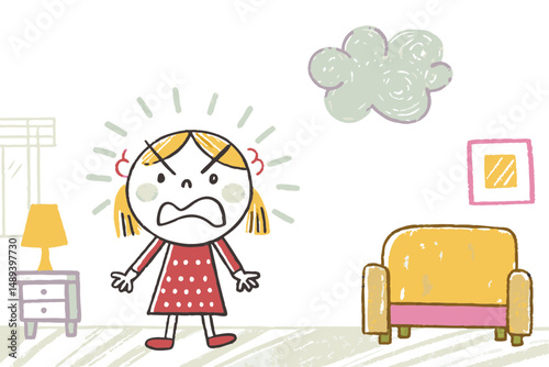 Angry girl expressing frustration in a colorful living room with furniture, representing childhood emotions and art style.