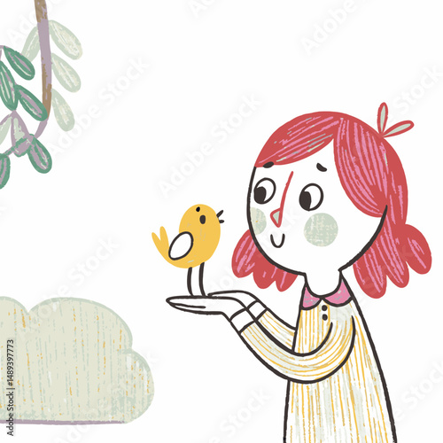 Girl holding a cheerful yellow bird, showing joy and affection in a whimsical style, set against a bright background that represents friendship and nature.