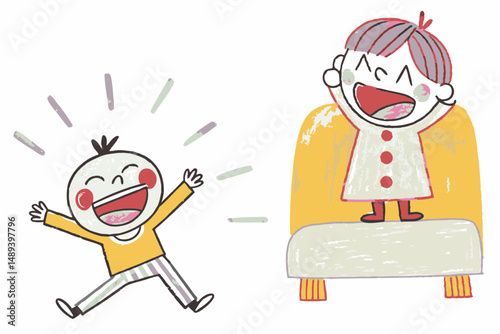 Happy children celebrating joyfully while playing at home, colorful illustration representing childhood happiness and playful moments.