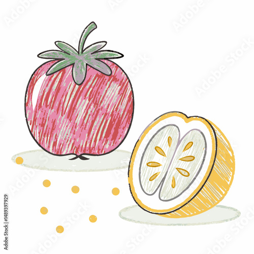 A tomato next to a sliced lemon, representing freshness, healthy food choices, and colorful fruit and vegetable nutrition
