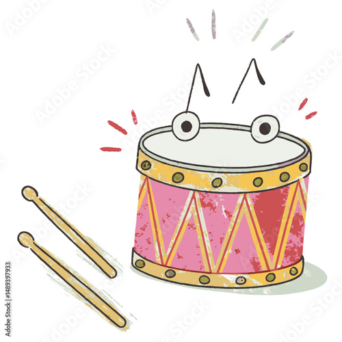 Playful cartoon drum with eyes expressing joy and excitement, accompanied by drumsticks, representing music performance and creativity.