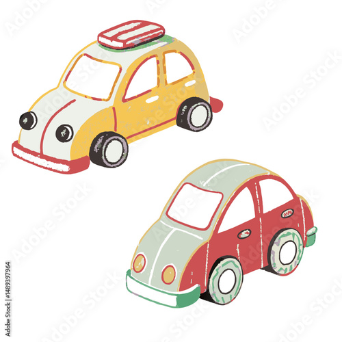 Colorful cartoon car driving down a road surrounded by trees and clouds representing fun journeys and childhood imagination.
