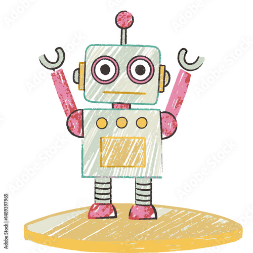Colorful cartoon robot waving cheerfully on a simple background, representing fun and creativity in children's illustrations and design.