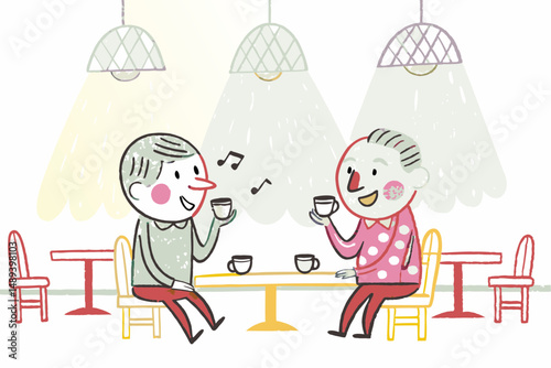 Two elderly men sharing a joyful moment over coffee, surrounded by a cozy café atmosphere, representing friendship and connection.