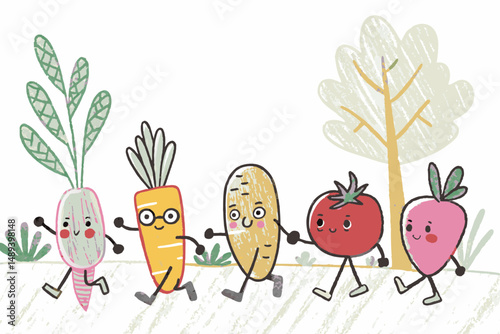 A carrot, potato, and tomato walking with faces and limbs, representing fun vegetable characters, healthy eating, and playful food education
