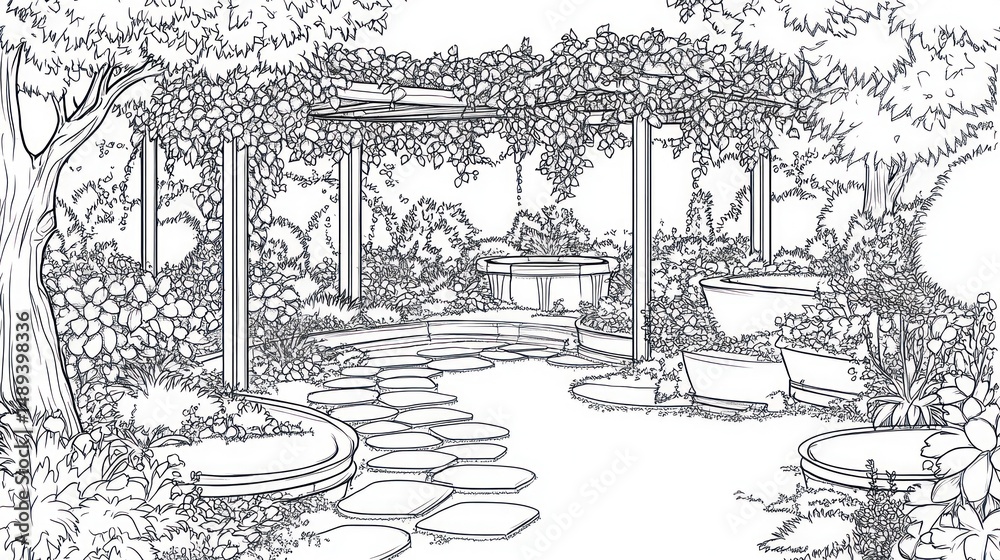 Fototapeta premium Serene garden design stone path, pergola, fountain