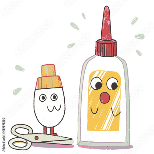 A glue bottle with a face and cap character beside it, representing craft supplies, creativity, and playful imagination
