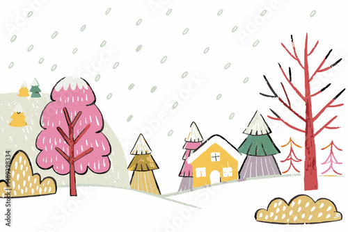 Whimsical winter landscape featuring colorful trees and a cozy house amidst snow with gentle snowfall, representing the beauty of a serene season.
