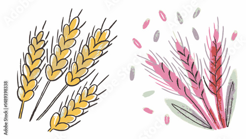 Yellow wheat and pink grass with seeds falling, representing harvest time, autumn landscape, and rural scenery
