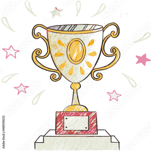 Golden trophy with sparkling stars, representing victory and achievement, alongside a small trophy and a red ribbon, symbolizing competition and success.