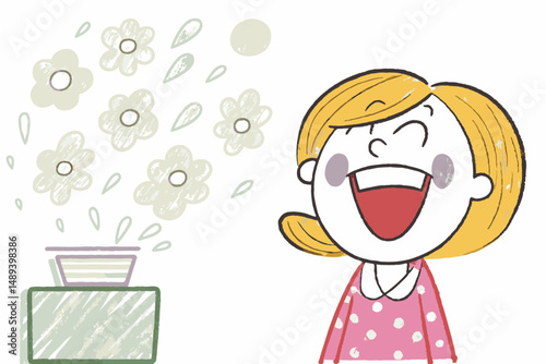 Happy girl enjoying fragrant flowers in a colorful illustration, depicting joy and freshness with a whimsical background representing positivity and well-being.