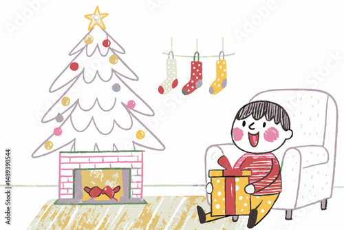 Cheerful child opening a gift in a cozy Christmas living room with a decorated tree and stockings, symbolizing holiday joy and family togetherness.