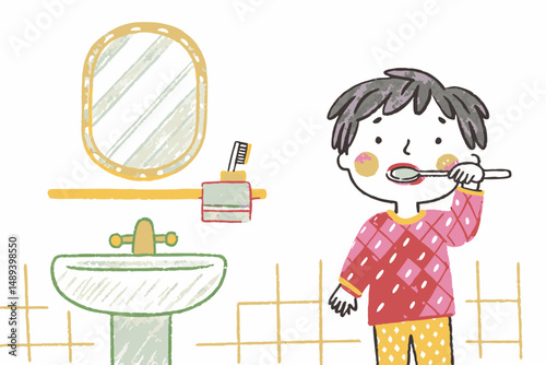 A cheerful boy brushing his teeth in a colorful bathroom with a mirror and sink, promoting good dental hygiene and morning routines.
