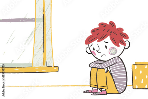 Sad child sitting alone by the window, feeling downcast, in a simple, colorful illustration, representing emotions of loneliness and introspection.