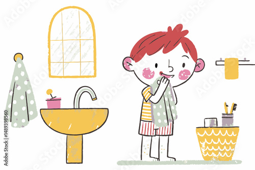 Cheerful boy brushing teeth with towel in colorful bathroom setting promoting hygiene and daily routines for children.