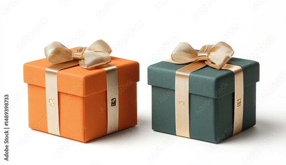 Obraz premium Elegant Orange and Green Gift Boxes with Ribbon Perfect for Celebrations, Birthdays, or Holiday Surprises