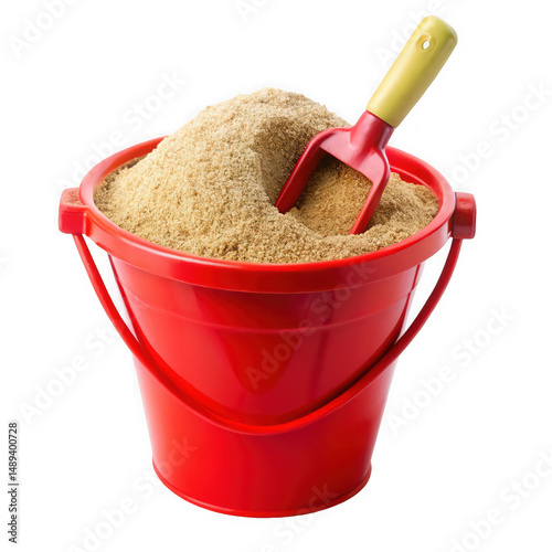 Red plastic bucket filled with sand and a shovel isolated on a transparent background