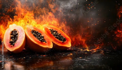 Vibrant Papaya Halves Surrounded by Flames and Smoke Against Dark Background