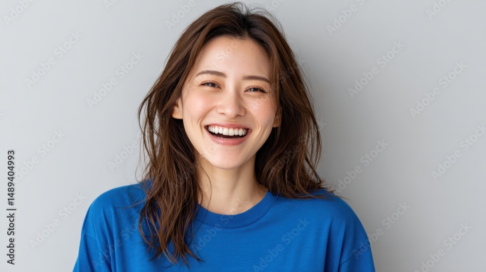 Vibrant Woman Smiling in a Bright Blue Shirt Vibrant Woman Smiling in a Bright Blue Shirt