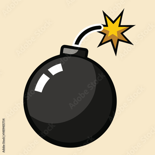 Cartoon Bomb with Lit Fuse and Yellow Explosion Vector Illustration. Cartoon Bomb Icon with Lit Fuse and Explosion Clipart