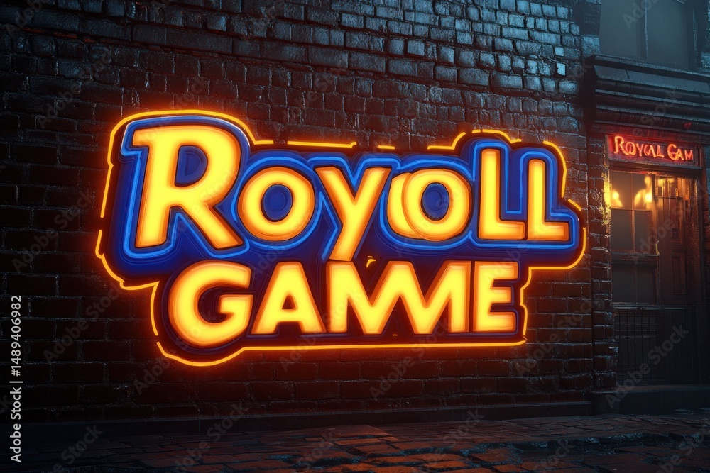 Obraz premium Bright neon sign with bold orange and blue lettering saying 'Royoll Gamme' mounted on a dark brick wall at night with a dimly lit doorway nearby with similar text