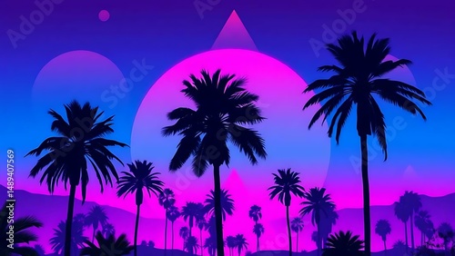Futuristic abstract night beach scene with palm trees, pink sky, disco lights, and retro virtual party look