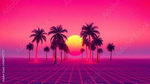 Retro 80s palm tree background with neon lights, geometric shapes, sunset beach, summer vibes, and Miami style