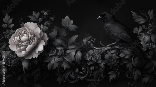 A detailed monochrome image of a dark bird perched on ornate floral foliage featuring large blooming flowers and elaborate leaves against a black background, evoking a mysterious and elegant mood