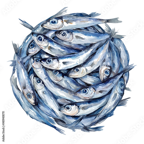 School Of Sardines Forming A Silvery Ball, watercolor painting vector, high quality, isolated on a white background.