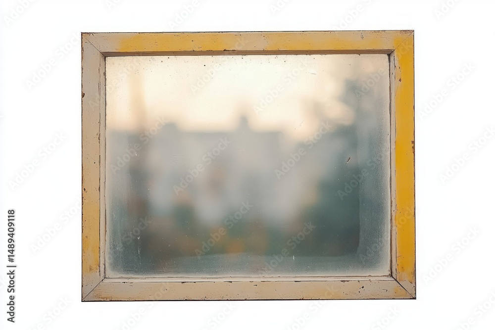 Fototapeta premium old weathered rectangular window frame with frosted glass showing a blurry outdoor view during daytime