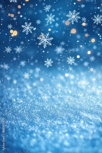 Close-up view of gently falling snowflakes with blurred sparkling lights on a cold blue background creating a festive and serene winter atmosphere
