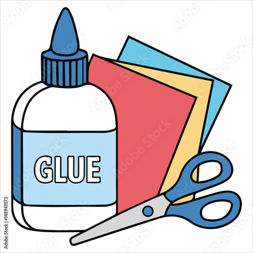 Colorful paper sheets with glue and scissors