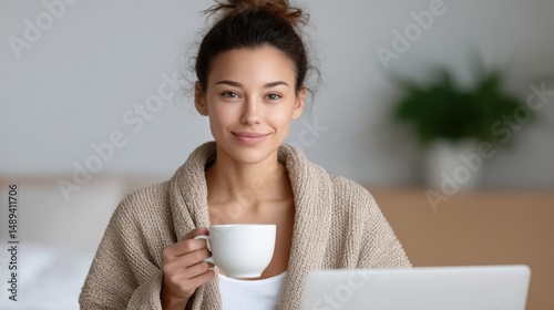 Charming Young Woman Enjoying Coffee at Home photo