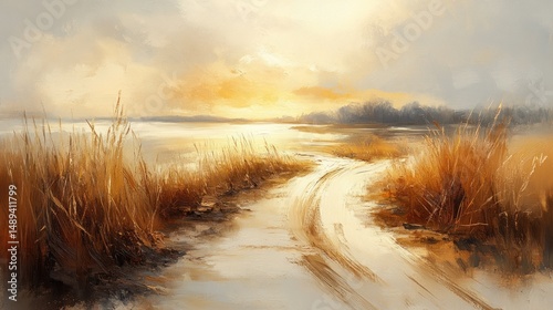 Golden grass path at sunset serene landscape painting